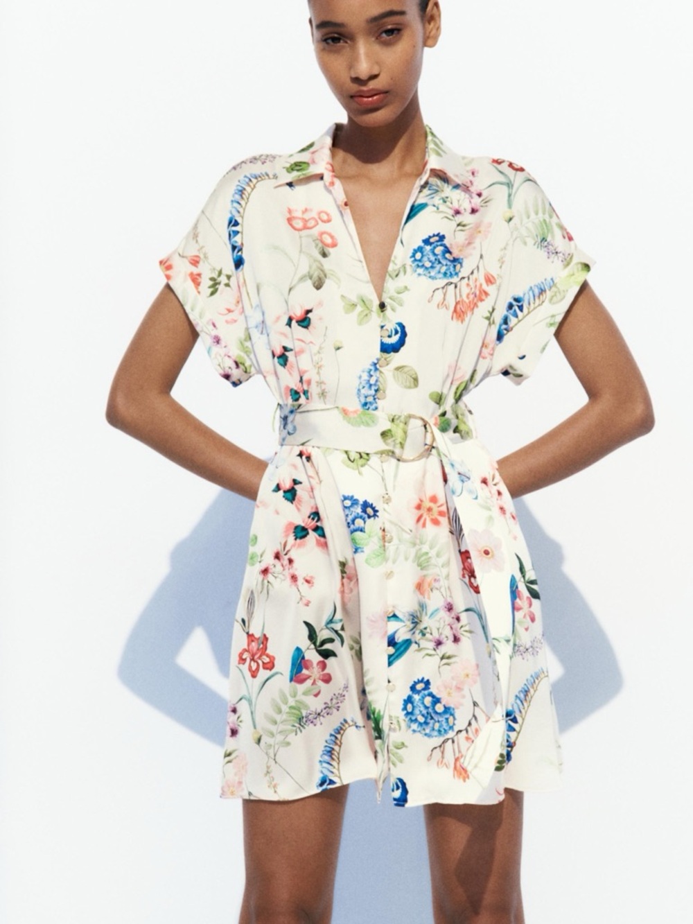 Zara Cream Floral Mini Dress with Blue & Green Accents
